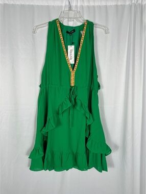 Strut & Bolt Emerald Green Ruffle Dress with Embroidered Trim, Medium